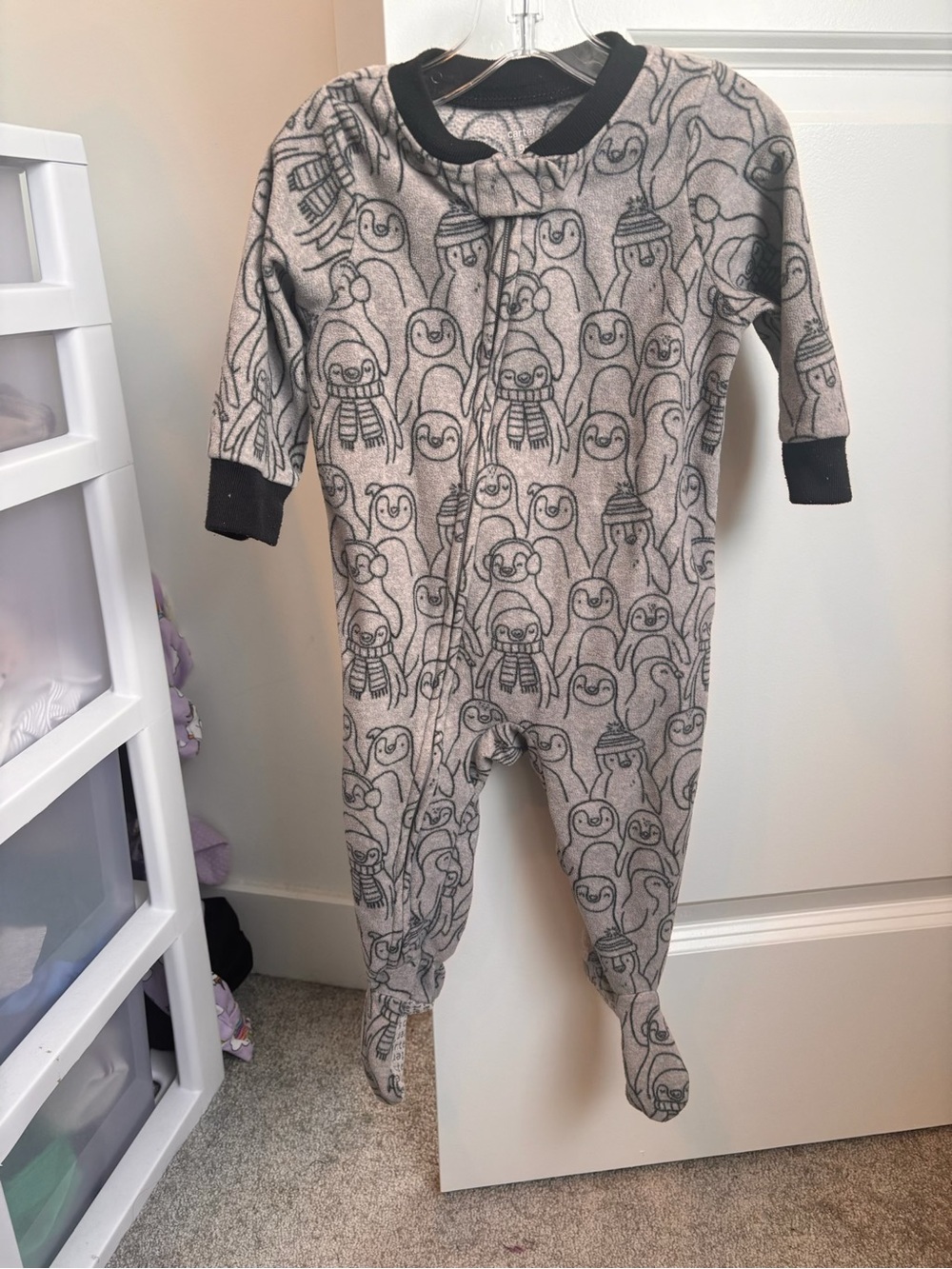 Carter's Grey Penguin Print Footed One-Piece Pajama